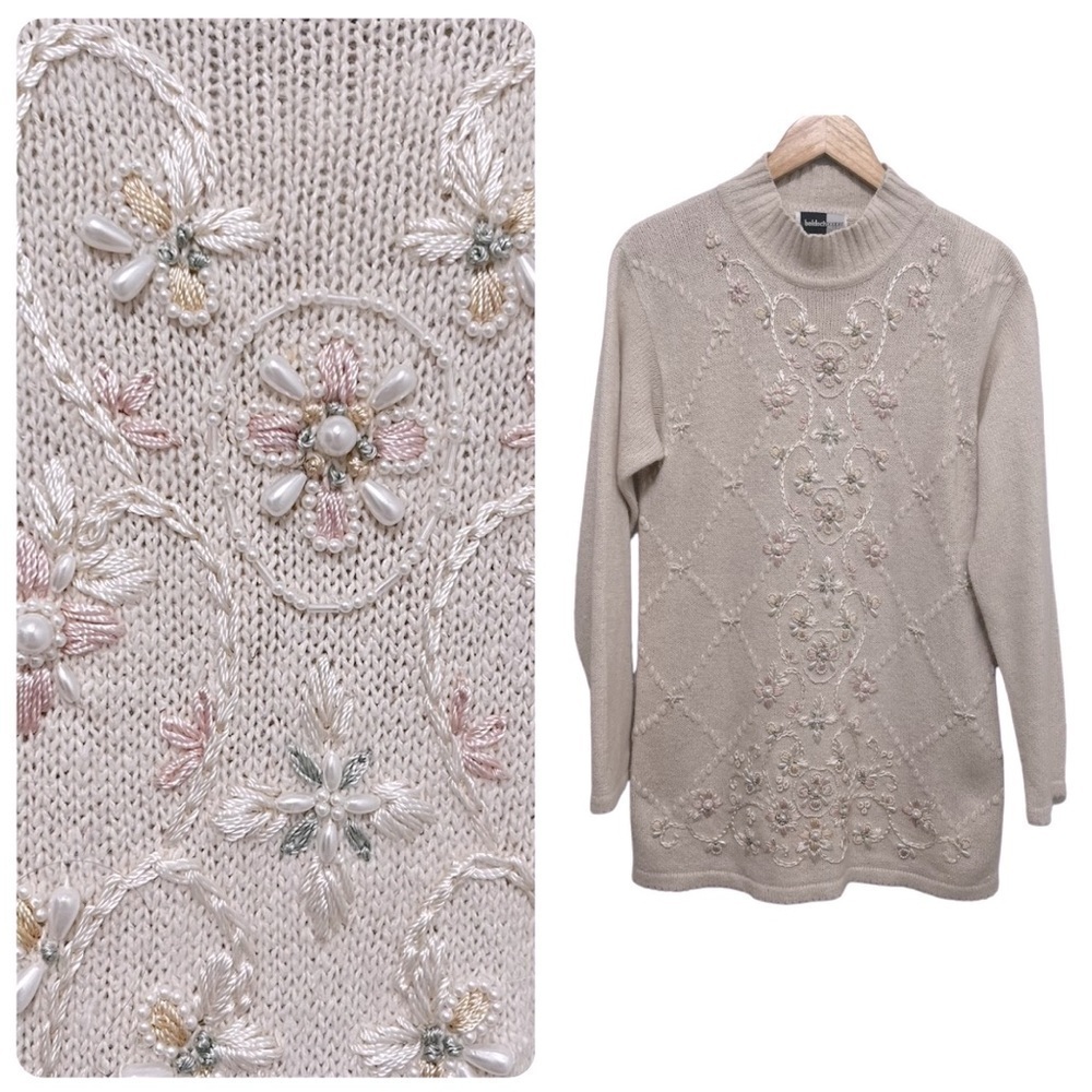VINTAGE BelldochPopper Mock Neck Silk Blend Pearl Embroidered 3D Knit Sweater M